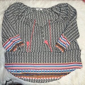 Moa Moa Black and White Geometric Blouse with Colorful Stripes